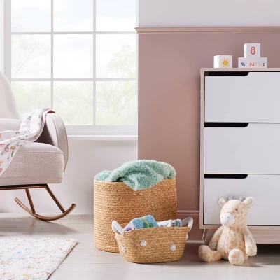 Braided Water Hyacinth With Tufted Embroidery Square Storage Basket - Cloud Island™ 1 Braided Water Hyacinth With Tufted Embroidery Square Storage Basket - Cloud Island™